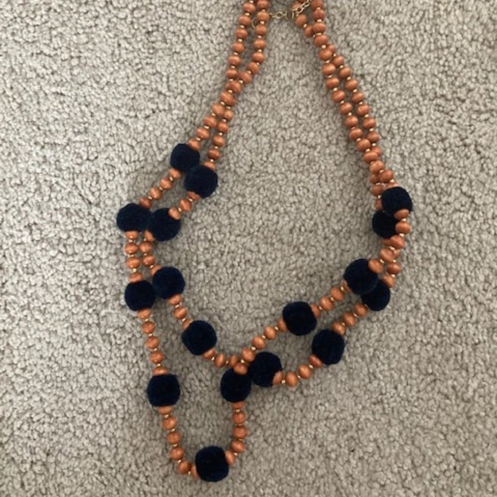 Pom pom navy blue + orange necklace J Crew